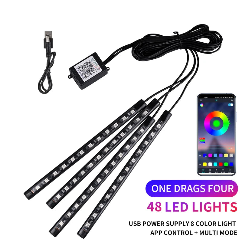 Bande LED néon 48 LED RGB pour éclairage d'ambiance au sol de voiture, avec port USB/prise allume-cigare et télécommande