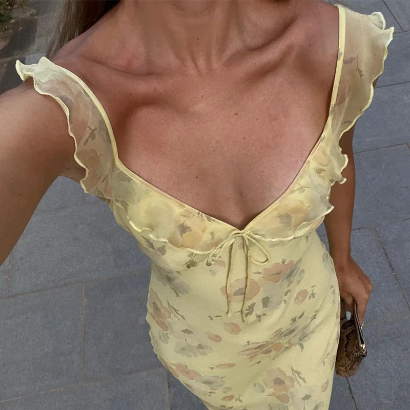 Robe Maxi plongeante à imprimé Floral cryptographique, tenue Sexy, dos nu, tenue de soleil féerique, vêtements de plage, vacances, Coquette, été