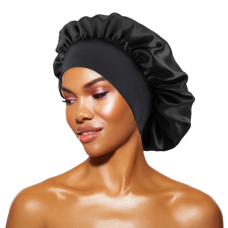Bonnets solides en Satin pour femmes, Bonnet de bain à larges bords pour dormir la nuit, unisexe, bandeau élastique, Bonnet de soins capillaires
