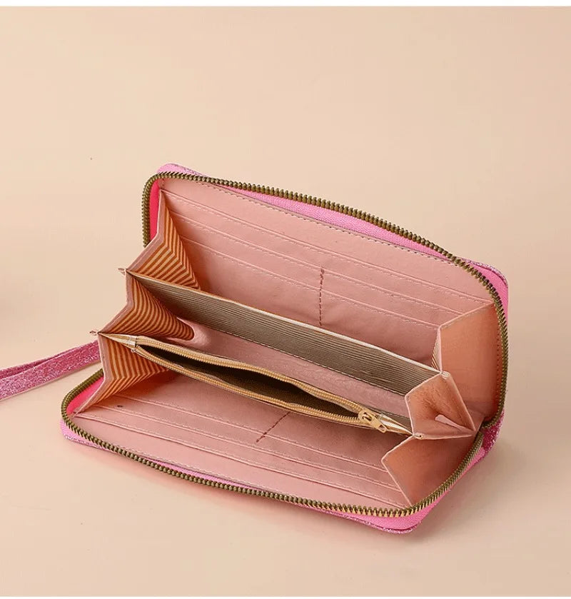 Portefeuille long KPop Demon Hunters pour femmes, à paillettes et fermeture éclair, en cuir PU, porte-monnaie, porte-cartes d'identité, pochette pour femme