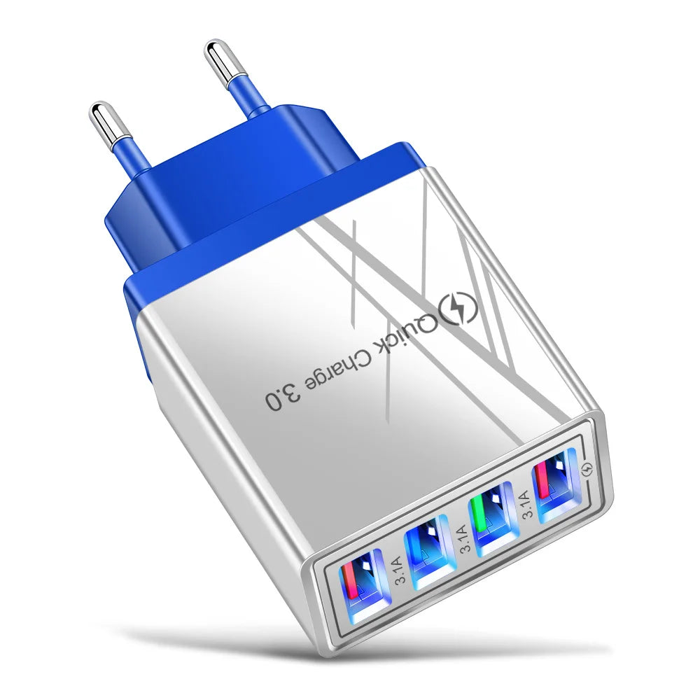 Chargeur secteur 3,1 A (UE/US) avec 4 ports USB pour la maison et les voyages, compatible avec iPhone 12, 13, 14, 15 Pro Max, Samsung, Xiaomi et Huawei