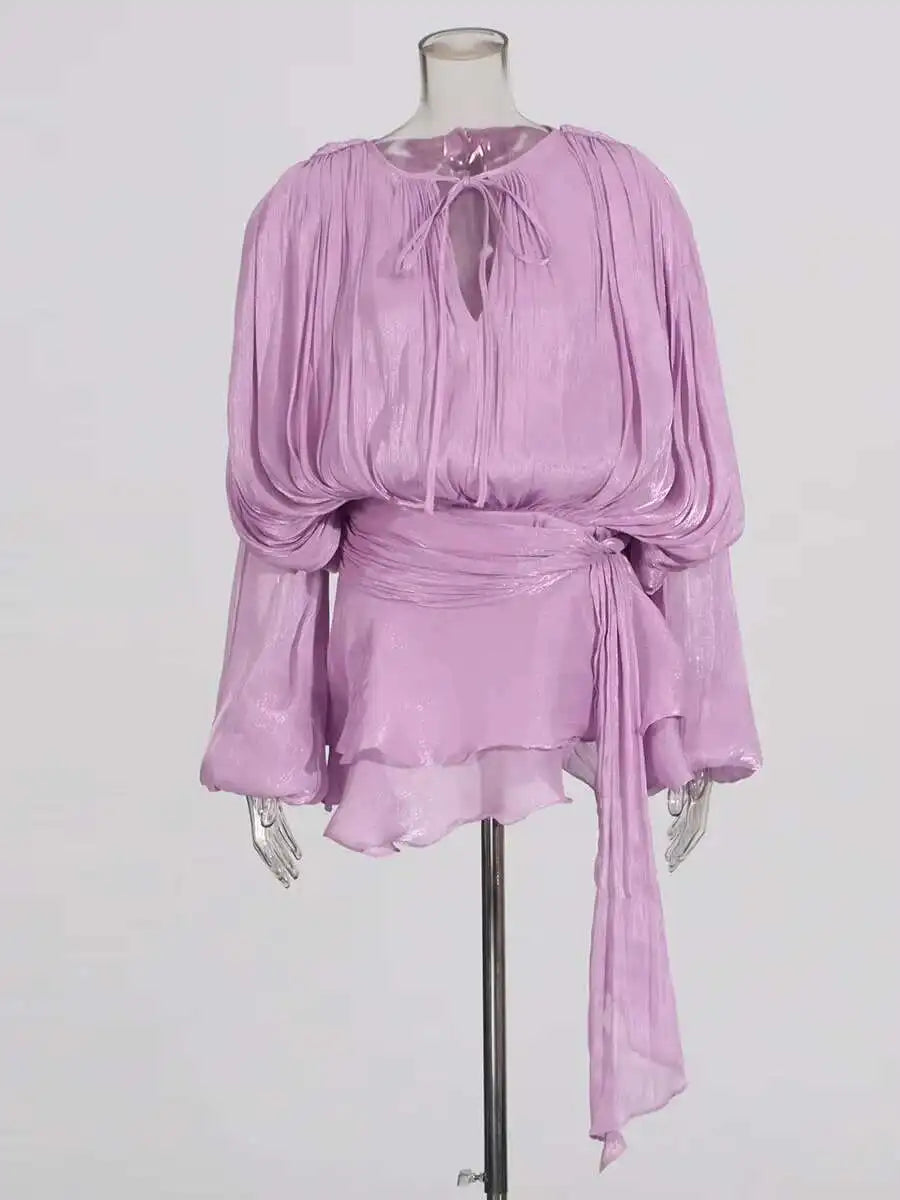 TWOTWINSTYLE – Mini robe chemisier unie pour femmes, col en V, manches longues, à lacets épissés, Style doux, vêtements féminins à la mode