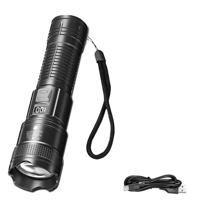Lampe de poche LED puissante avec affichage de batterie, Rechargeable par USB, Zoom télescopique, torche, lanterne pour Camping en plein air, pêche, 9900lm