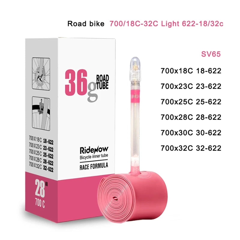 Chambre à air Ridenow pour vélo de route, lumineuse, tige en TPU, ultra-légère, valve française, 36 g, 65 mm