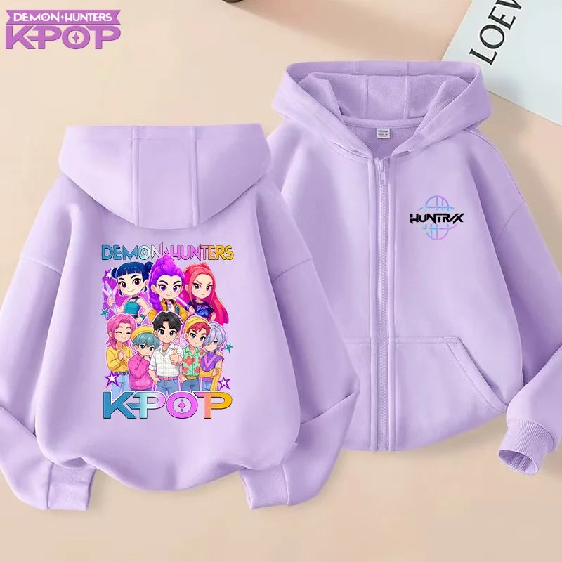 Pull à capuche K-pop Demon Hunters pour enfants, style anime, veste zippée tendance, garçon/fille, printemps/automne