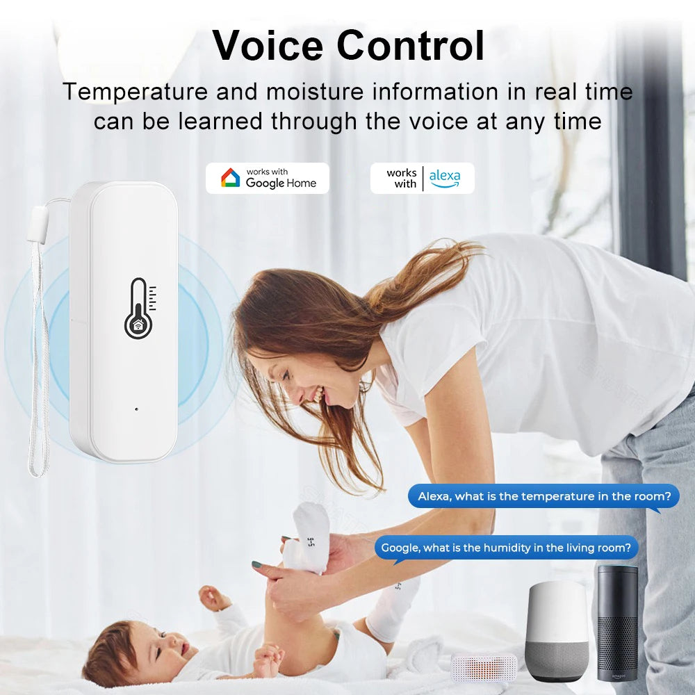 Capteur d'humidité et de température Tuya WiFi, blanc, pour maison connectée, alimenté par batterie, compatible avec une application et fonctionnant sous Alexa ou Google Assistant