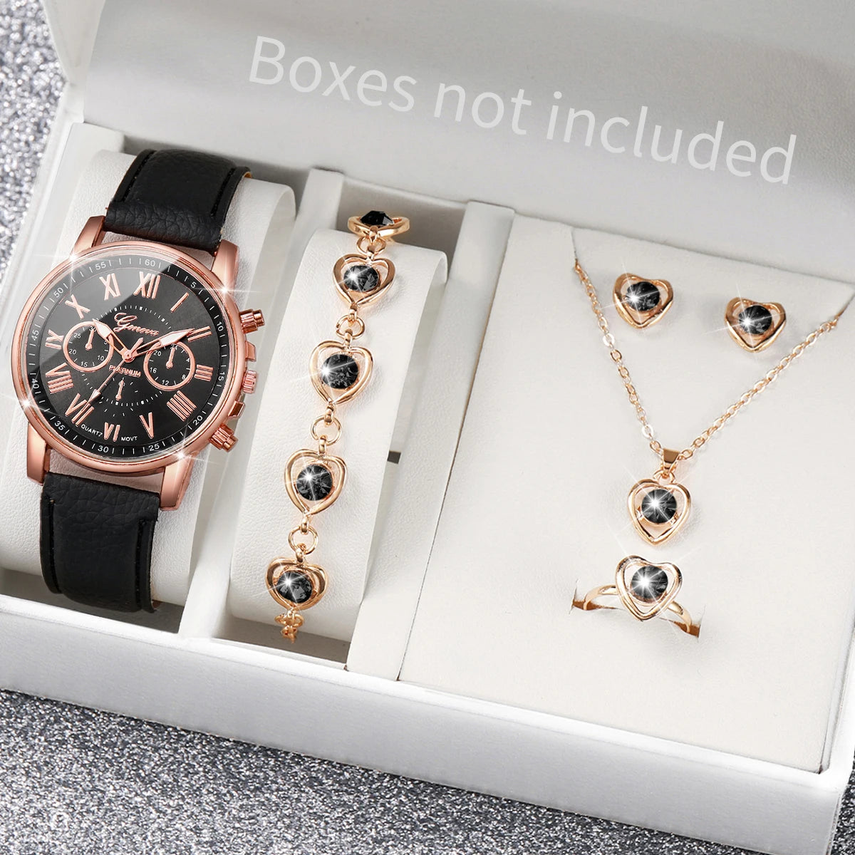 Ensemble de 5 montres pour femmes, style Genève, avec bracelet en cuir décontracté et strass en forme de cœur (sans boîte)