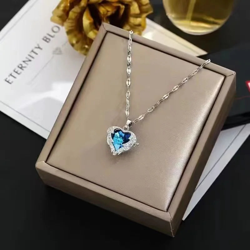 Collier de luxe avec pendentif en forme de cœur et d'océan en cristal coloré pour femmes, bijoux tendance en acier inoxydable 316L, chaîne de cou de mariage
