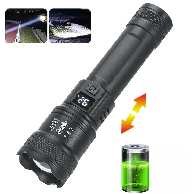 Lampe de poche LED puissante avec affichage de batterie, Rechargeable par USB, Zoom télescopique, torche, lanterne pour Camping en plein air, pêche, 9900lm