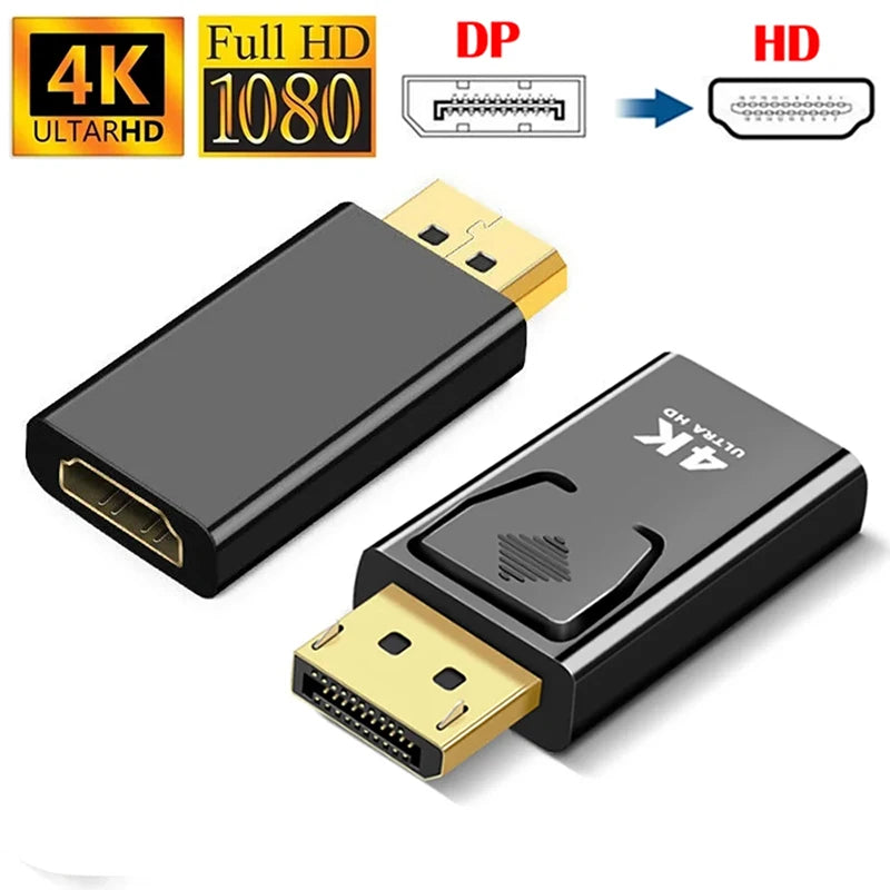 Adaptateur DisplayPort mâle vers HDMI femelle compatible 4K pour ordinateur, TV et ordinateur portable.