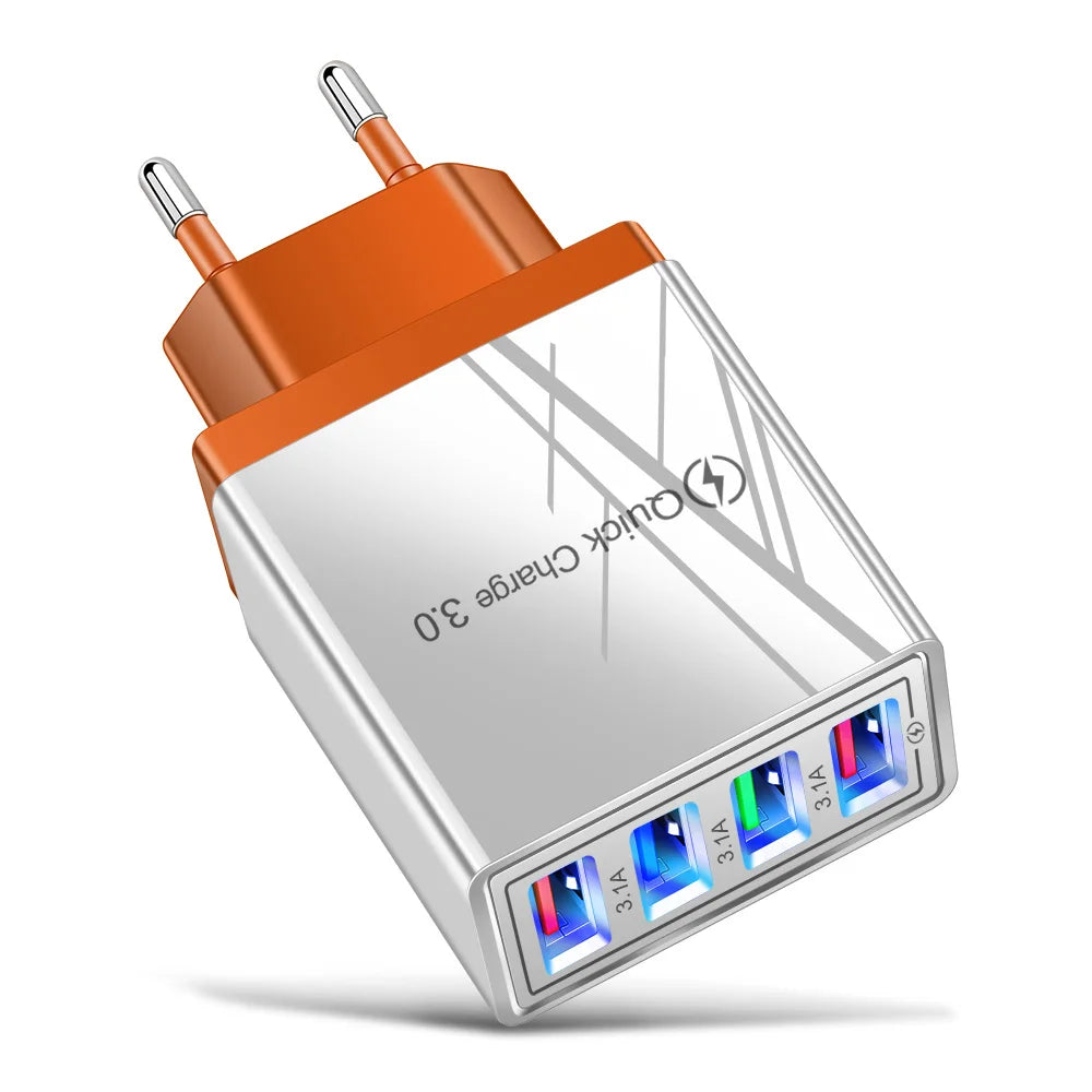 Chargeur secteur 3,1 A (UE/US) avec 4 ports USB pour la maison et les voyages, compatible avec iPhone 12, 13, 14, 15 Pro Max, Samsung, Xiaomi et Huawei