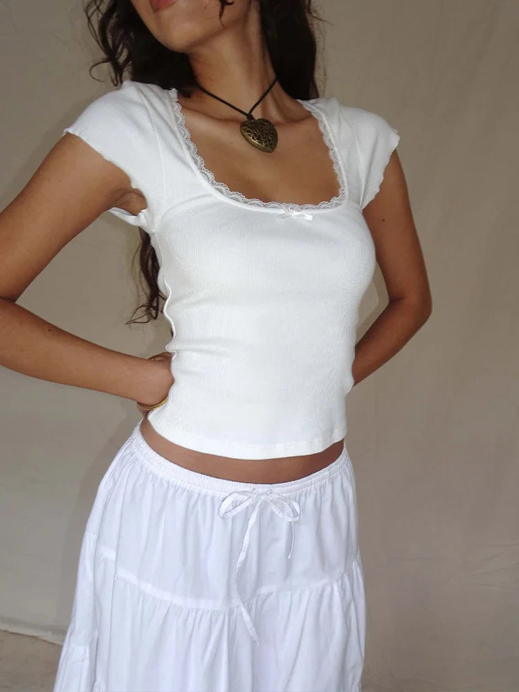 Y2k Vintage Bébé T-Shirt Cottage Dentelle Tricoté T-Shirt D'été Col Carré Manches Courtes T-Shirt Femmes Blanc Laitière Haut Court