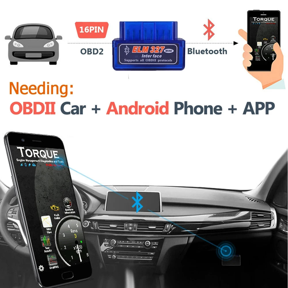 Lecteur de codes OBD2 miniature ELM327 à interface 16 broches V2.1, outil de diagnostic Bluetooth pour voiture Android, compatible OBDII et OBD2
