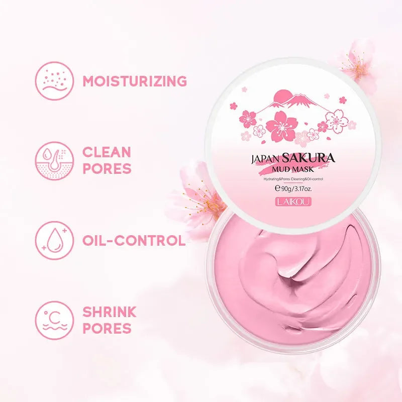 Laikou Sakura Masque de boue Nettoyant profond Contrôle des sébums Équilibre Antioxyde Rétrécissement des pores Enlève les points noirs Masque rafraîchissant du visage 90/25g