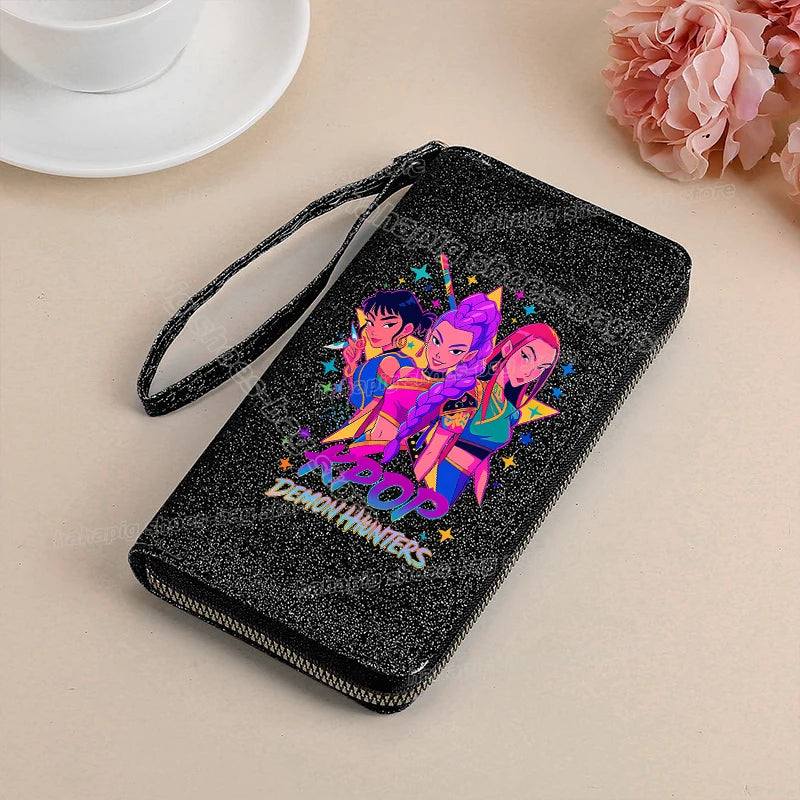 Portefeuille long KPop Demon Hunters pour femmes, à paillettes et fermeture éclair, en cuir PU, porte-monnaie, porte-cartes d'identité, pochette pour femme