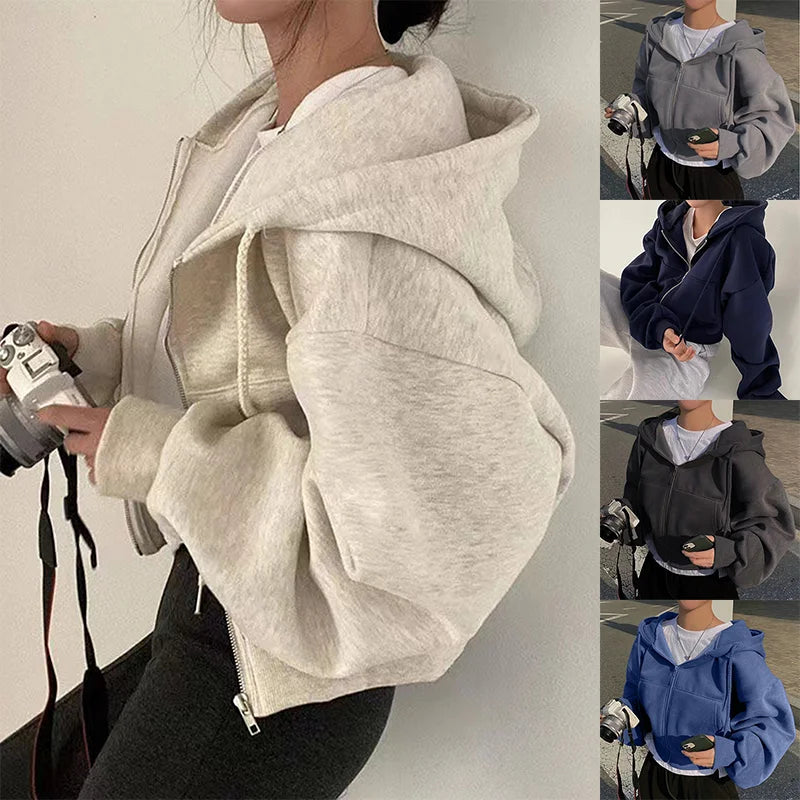Sweat-shirt à capuche zippé bleu marine chaud, doublé polaire, coupe courte et slim, collection printemps-automne 2024 pour femme