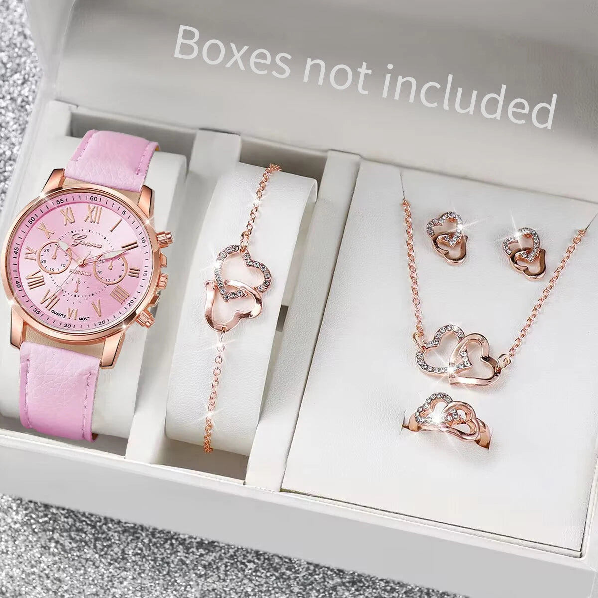 Ensemble de 5 montres pour femmes, style Genève, avec bracelet en cuir décontracté et strass en forme de cœur (sans boîte)
