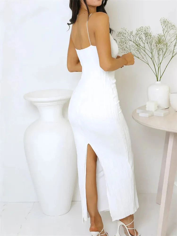 Robe longue froncée sans manches pour femmes, Sexy, Slim, couleur unie, dos fendu, tenue de soirée, Clubwear, été