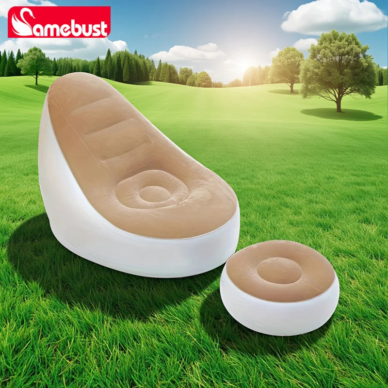 Canapé gonflable Camebust - Revêtement floqué, repose-pieds en PVC de haute qualité, gonflage rapide, fauteuil relax marron