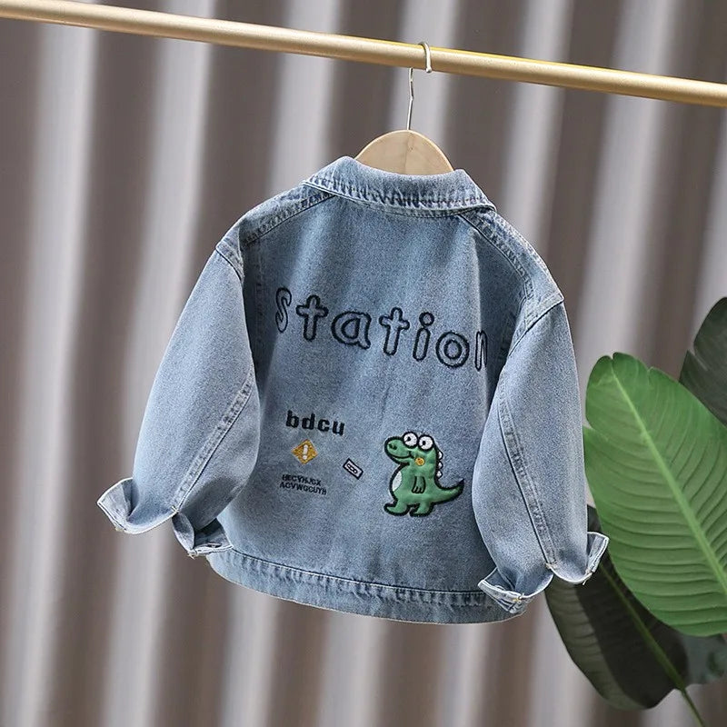 Veste en jean bébé style mignon avec dinosaure pour garçon et fille, manteau décontracté en jean, adorable tenue dinosaure pour bébé (2-11 ans)