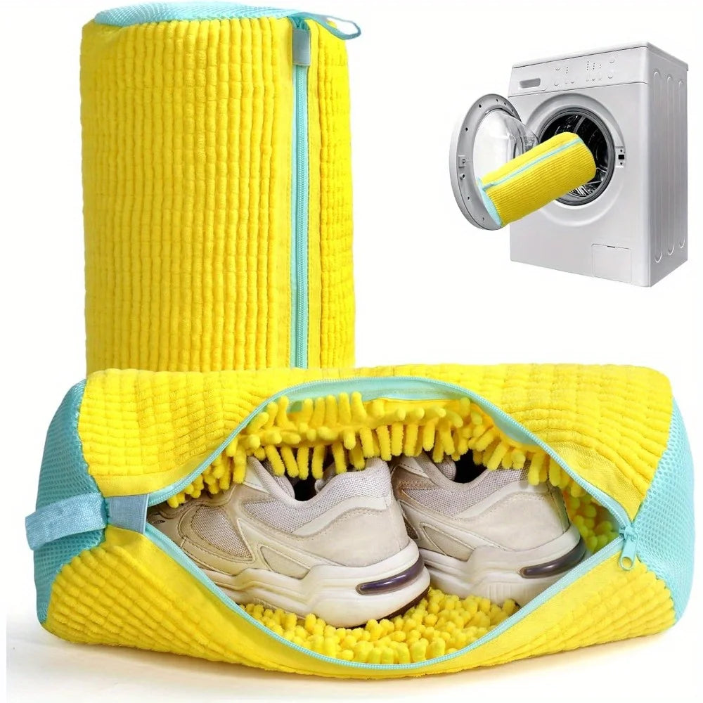 Sac de machine à laver les chaussures durable pour tous les types de chaussures-jaune avec fermeture éclair bleue, idéal pour les baskets et les chaussures décontractées, sac de lavage du linge