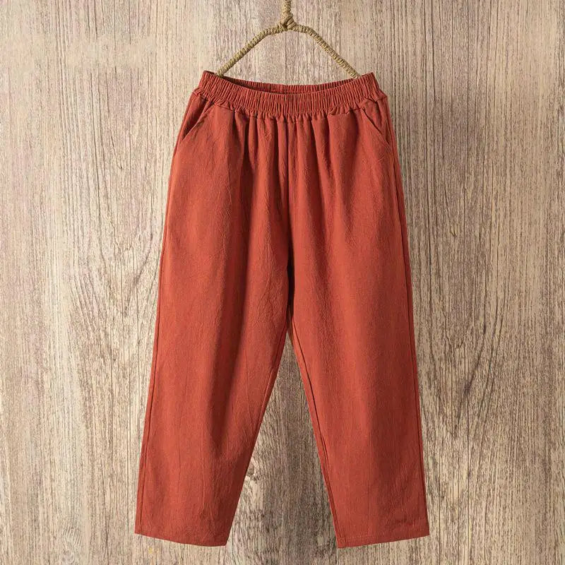 Femmes été décontracté sarouel ample taille élastique coton lin pantalon neuvième pantalon