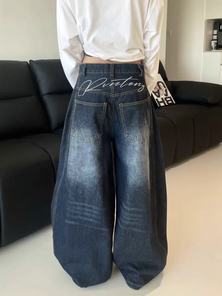 Jean Baggy ample décontracté pour femmes, bleu délavé, pantalon Cargo Vintage, jambes larges, surdimensionné, y2k