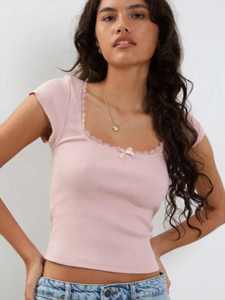 Y2k Vintage Bébé T-Shirt Cottage Dentelle Tricoté T-Shirt D'été Col Carré Manches Courtes T-Shirt Femmes Blanc Laitière Haut Court