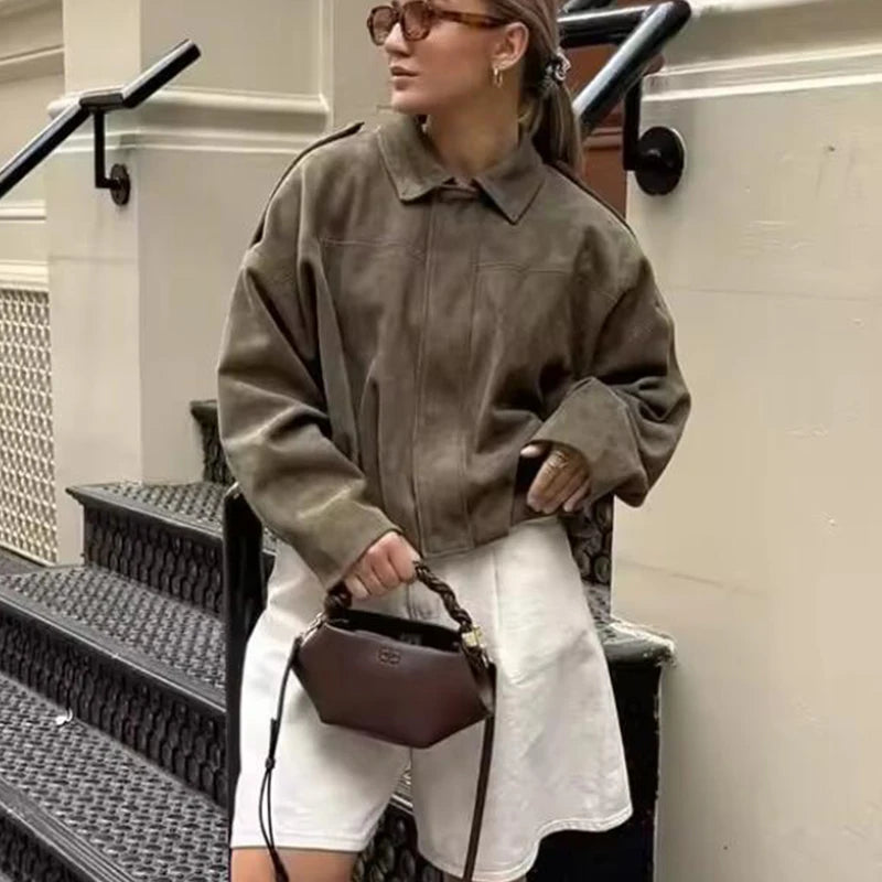 TFMLN New Autumn Loose Suede Jacket Woman 2025 Elegant Ladies Jackets Chic Street Youth Long Sleeves Coats