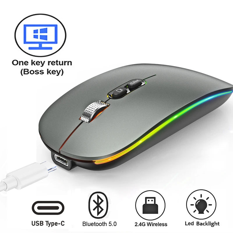 Souris sans fil Bluetooth 2,4 GHz double mode, fonction bureau en un clic, rechargeable USB-C, silencieuse et rétroéclairée, pour ordinateur portable et PC (nouvelle version)