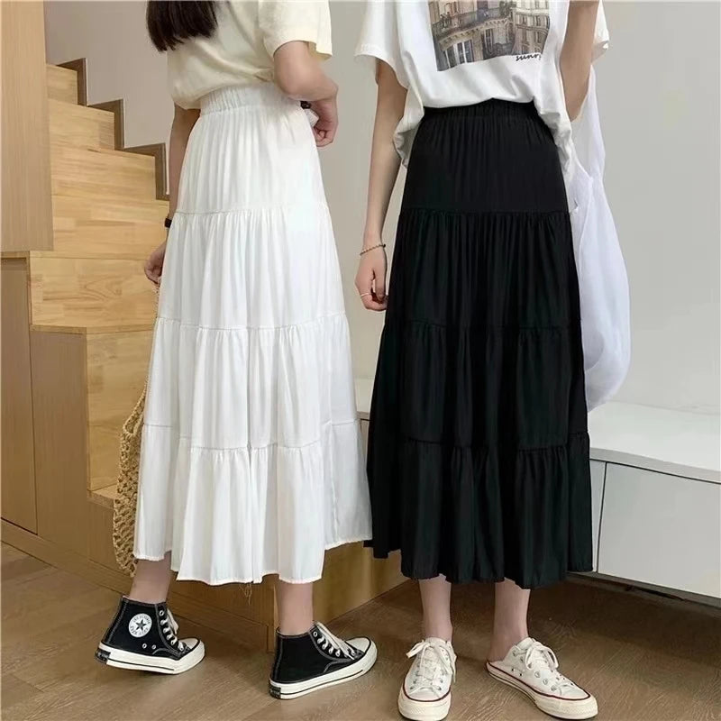 Printemps été femmes jupes Vintage taille haute élastique Patchwork blanc noir Chic longue gâteau jupe trapèze