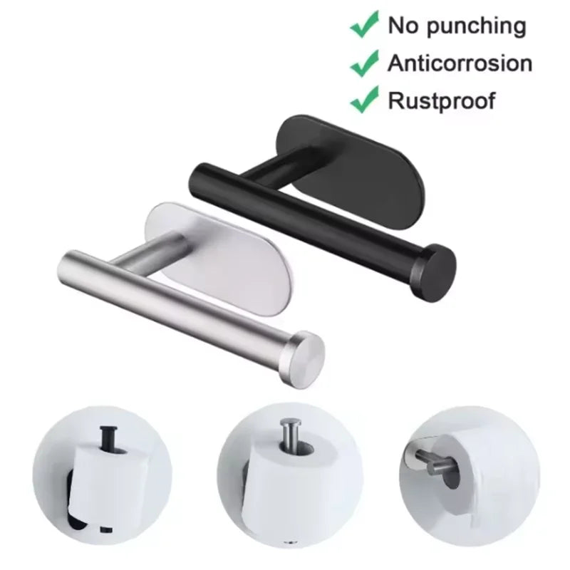Stainless steel paper roll holder, wall-mounted without drilling, for kitchen, bathroom, wall, and paper towel storage rack.