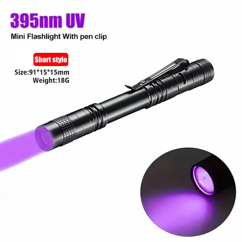 Lampe de poche UV 395nm, torche ultraviolette avec pince à stylo, piles AAA portables utilisées, lumière violette, détecteur d'urine d'animaux domestiques, lampe UV
