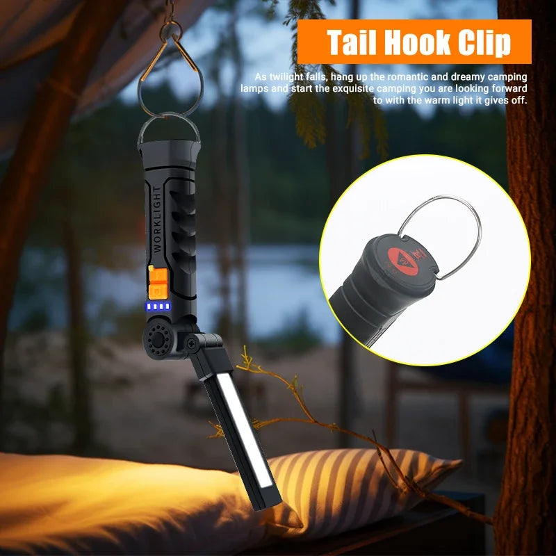 Lampe torche LED COB portable rechargeable par USB, lanterne magnétique suspendue avec batterie intégrée, lampe torche de camping