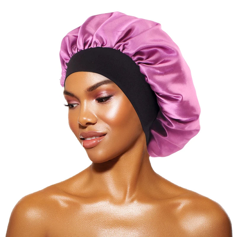 Bonnets solides en Satin pour femmes, Bonnet de bain à larges bords pour dormir la nuit, unisexe, bandeau élastique, Bonnet de soins capillaires