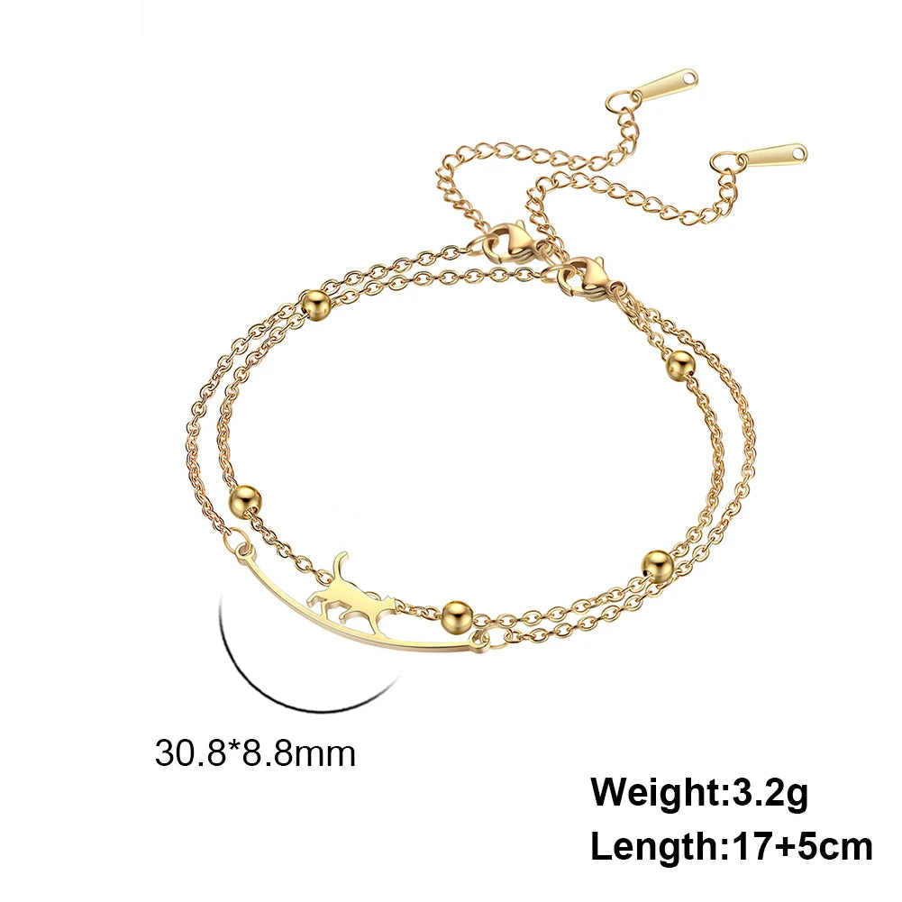 Bracelet Lucktune Chat Mignon en Acier Inoxydable avec Pendentif Animal et Chaîne à Perles - Bijou Tendance Kpop pour Femmes et Hommes - Cadeau Couple