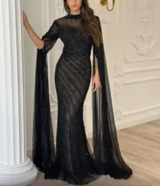 Robes de soirée de luxe sirène à manches cape perlées et col montant, collection 2025 à Dubaï, pour femmes, mariages et autres occasions spéciales