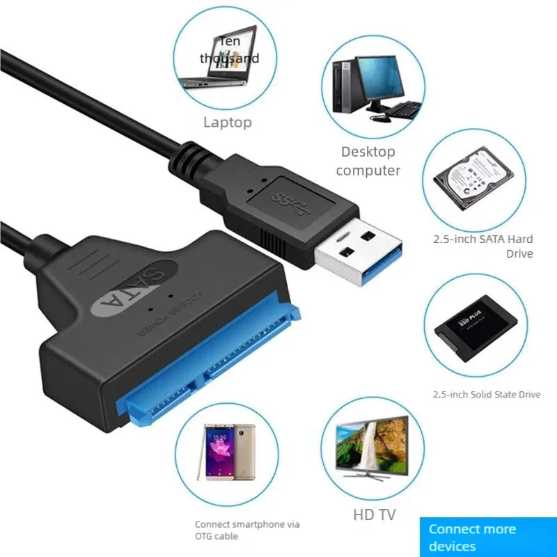 Câble adaptateur SATA vers USB 3.0, compatible avec les disques durs externes HDD/SD 2,5 pouces (22 broches).