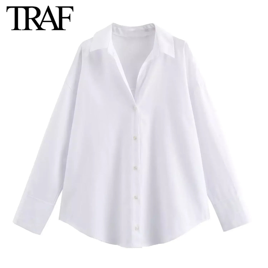 TRAF femmes mode printemps coton Oxford à manches longues simple boutonnage revers Blouse vêtements de rue chemise Chic dames hauts Mujer