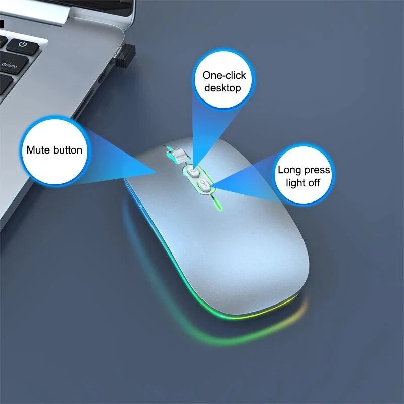Souris sans fil Bluetooth 2,4 GHz double mode, fonction bureau en un clic, rechargeable USB-C, silencieuse et rétroéclairée, pour ordinateur portable et PC (nouvelle version)
