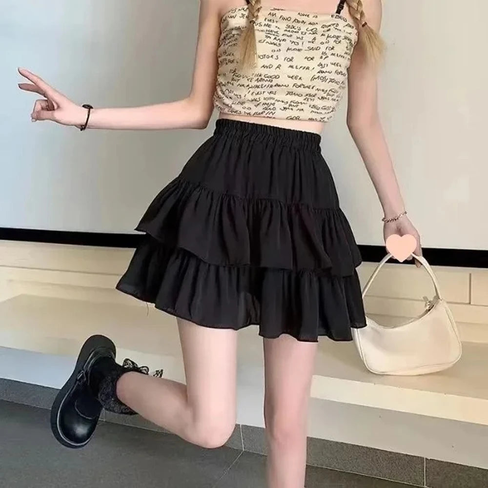 Jupe trapèze plissée blanche pour femmes, à volants, Style Preppy, taille élastique, Slim, Simple, décontracté, vente en gros, été