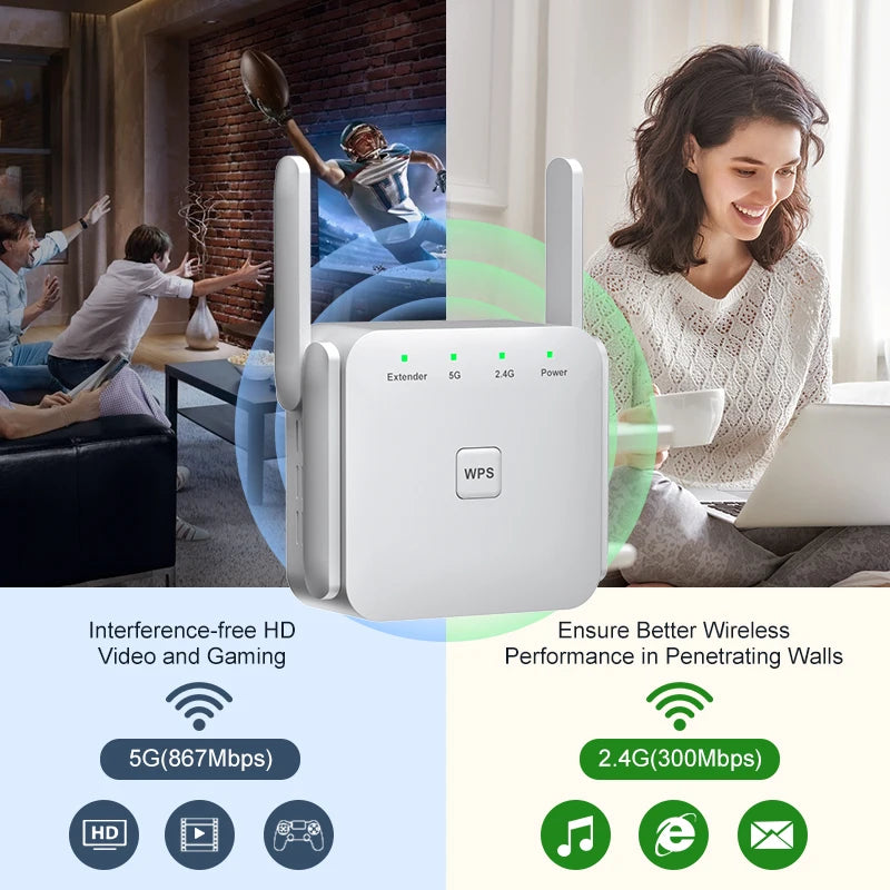 Répéteur Wi-Fi 5 GHz AC1200, amplificateur de signal Wi-Fi 2,4 GHz/5 GHz, point d'accès réseau longue portée