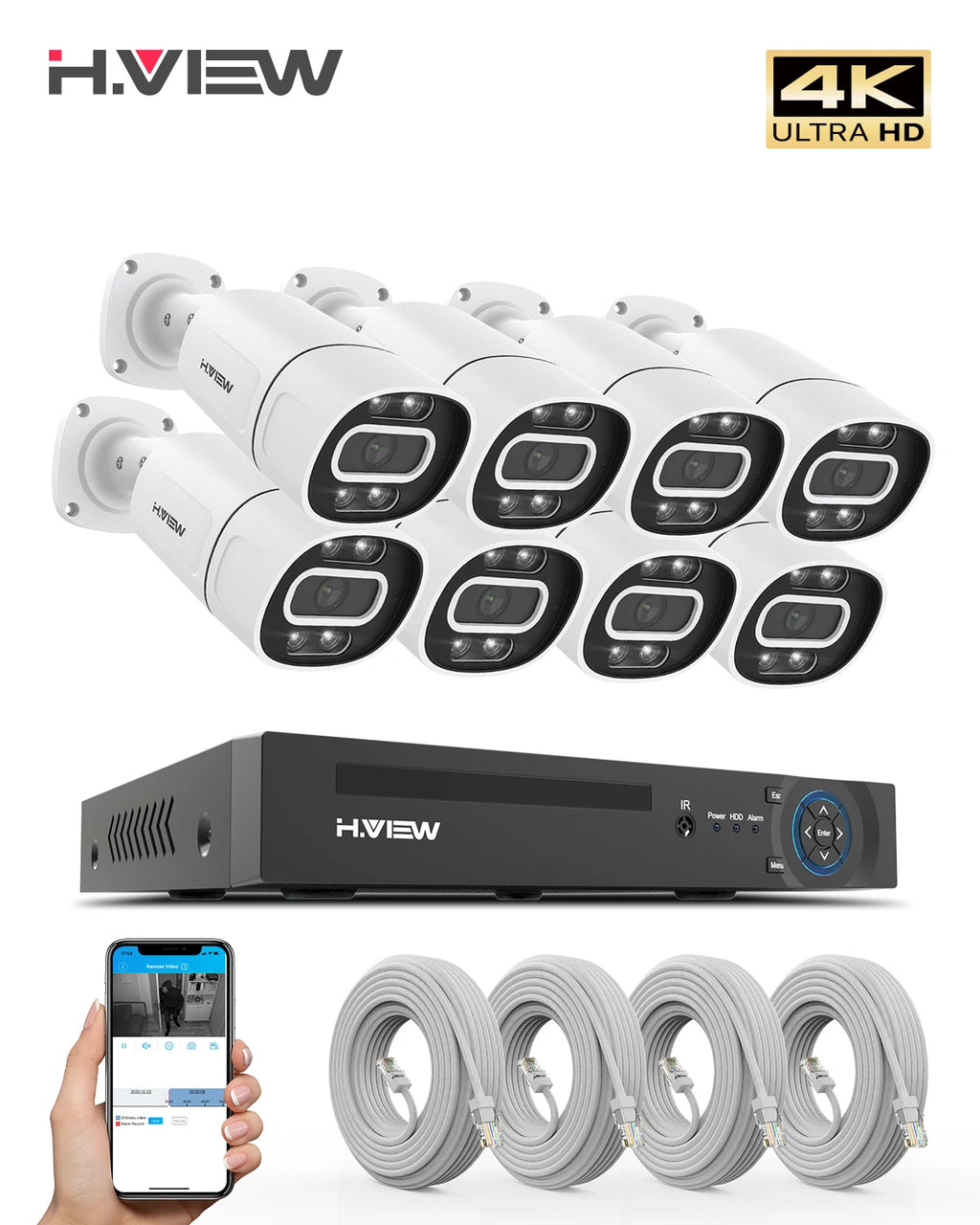 H.View 4K 5Mp 8Mp poe système de caméra de sécurité Cctv Kit de vidéosurveillance à domicile 8Ch Nvr Audio caméra Ip extérieure xmeye app