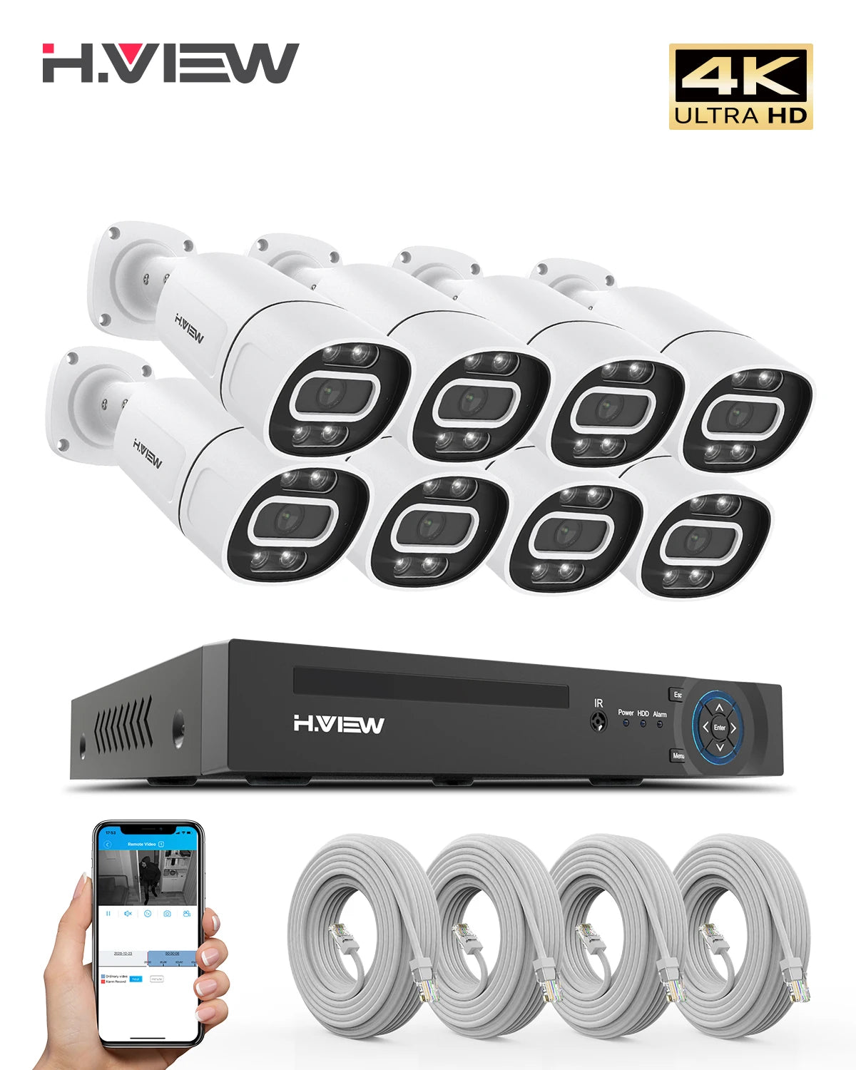 H.View 4K 5Mp 8Mp poe système de caméra de sécurité Cctv Kit de vidéosurveillance à domicile 8Ch Nvr Audio caméra Ip extérieure xmeye app
