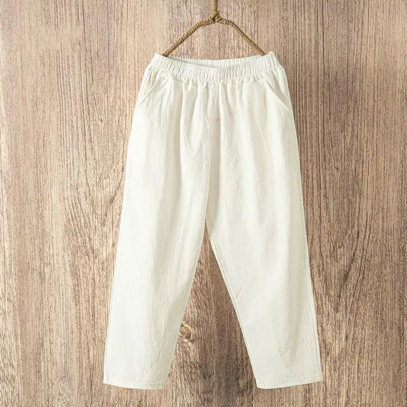 Femmes été décontracté sarouel ample taille élastique coton lin pantalon neuvième pantalon