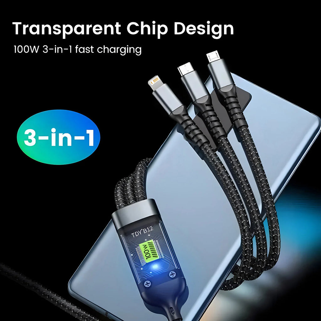 Câble de charge rapide Transparent 3 en 1 100w, Micro USB Type C, pour iPhone 15, Samsung, Huawei, chargeur de lampe pilote, câble de données USB C 6A