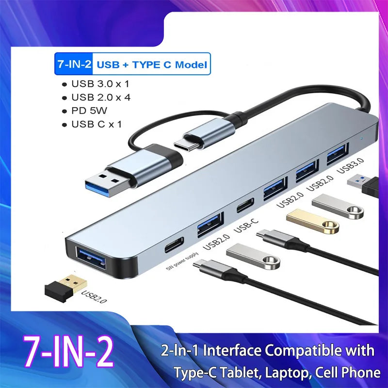 USB-C Hub USB 3.0 HUB C Ports à 7 Ports USB HUB répartiteur USB avec USB 3.0 4 USB 2.0 et 2 Ports USB C distributeur USB