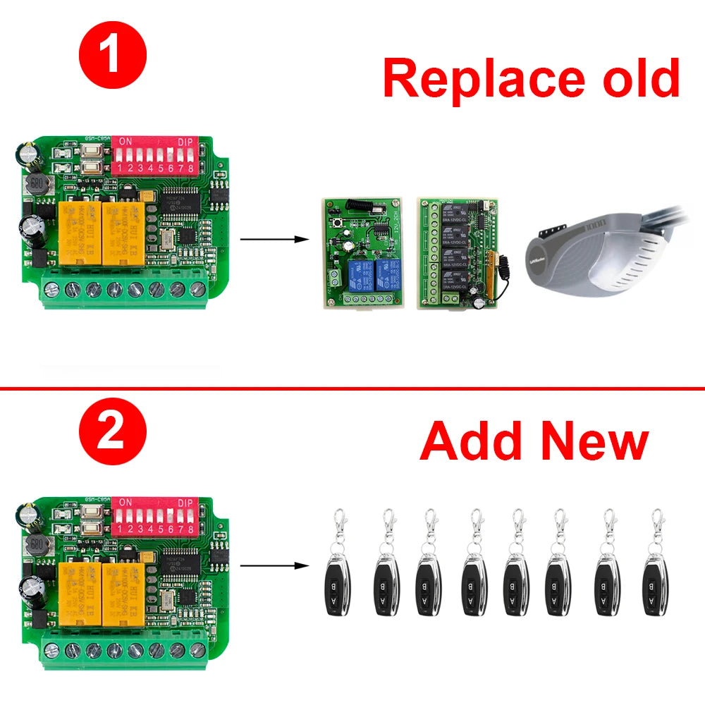 Contrôleur récepteur de porte de garage AC/DC 9V-30V 12V 24V 85-250V 2CH 300MHz à 868MHz 433MHz Module relais de commande à distance de portail