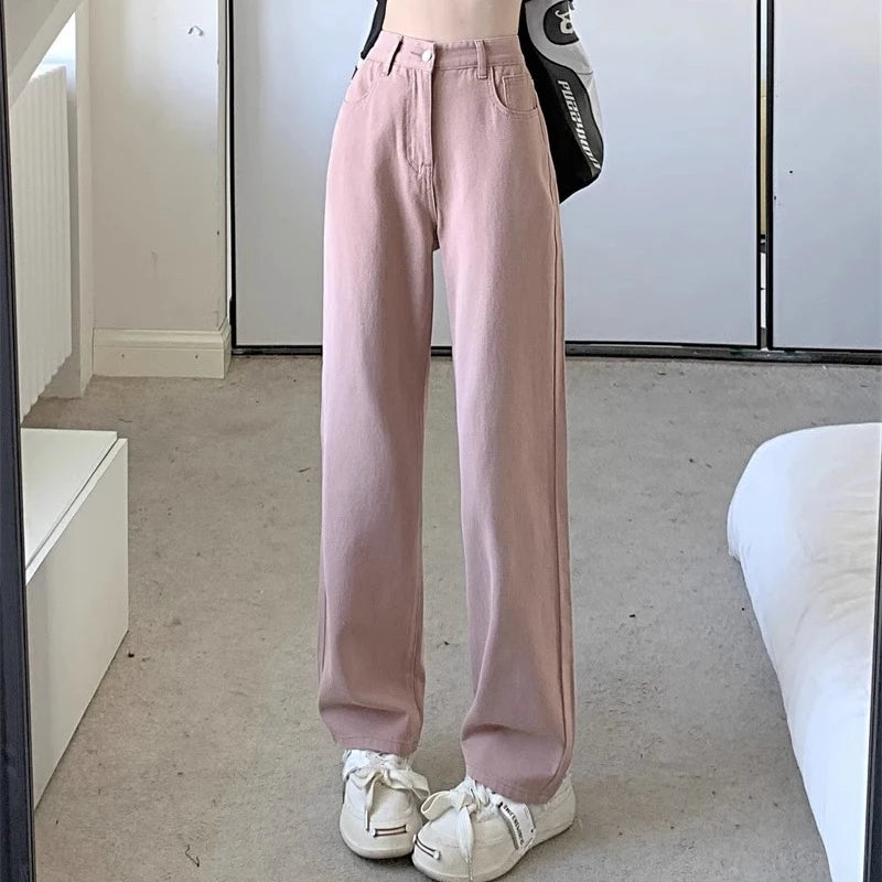 Jean Vintage à jambes larges pour filles, pantalon taille haute, mode féminine, noir, gris, rétro, bleu clair, rose, Denim