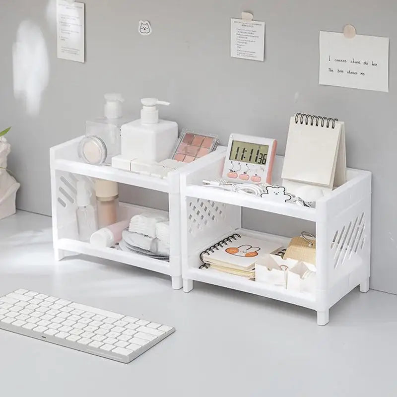 1 étagère de rangement rectangulaire blanche à double niveau en polypropylène (PP) pour bureau, idéale pour organiser le bureau des étudiants, les cosmétiques et la papeterie